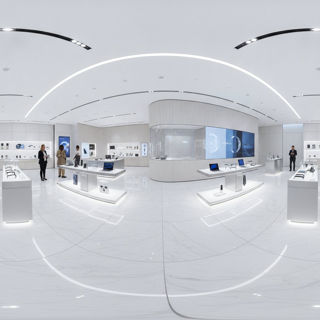 Digital AI virtual tour of a sleek retail showroom interior with product displays