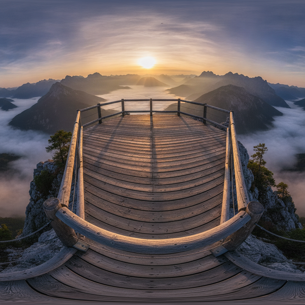 Immersive 360 AI virtual tour of a scenic mountain landscape overlook deck