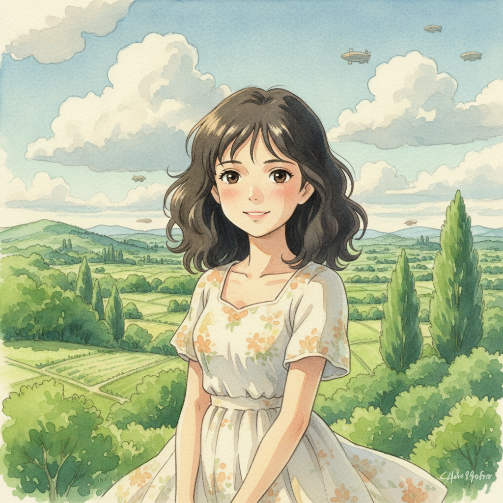 AI Ghibli generator result showing a woman turned into a hand-painted Studio Ghibli style anime character with big gentle eyes in a lush green countryside