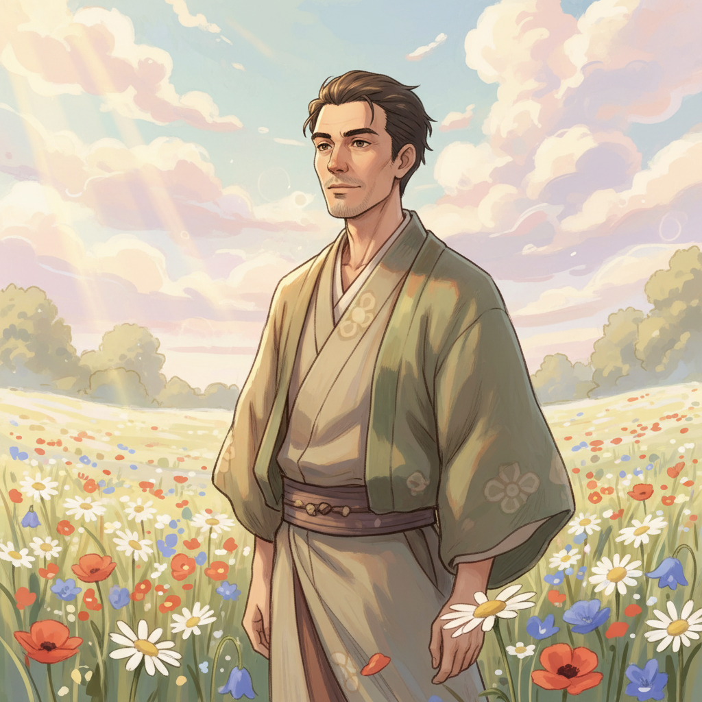 AI Ghibli generator result showing a man as a Studio Ghibli style anime character standing in a sunlit flower meadow under a pastel sky