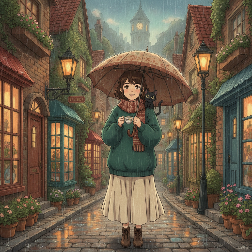 AI Ghibli generator result showing a person reimagined as a Ghibli style character on a cozy rainy street holding an umbrella