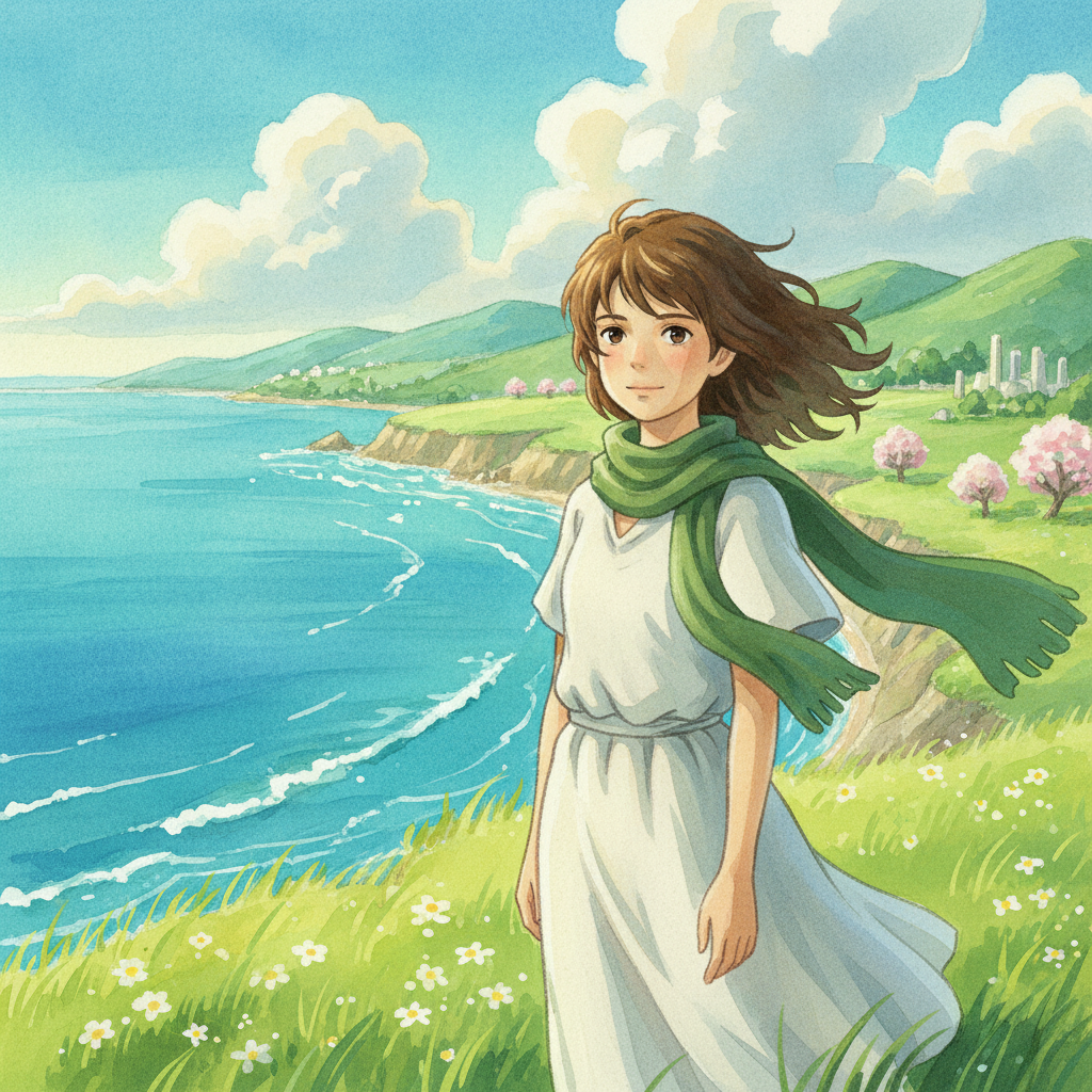 AI Ghibli generator result showing a young person as a Studio Ghibli style anime character by a bright blue sea and rolling hills