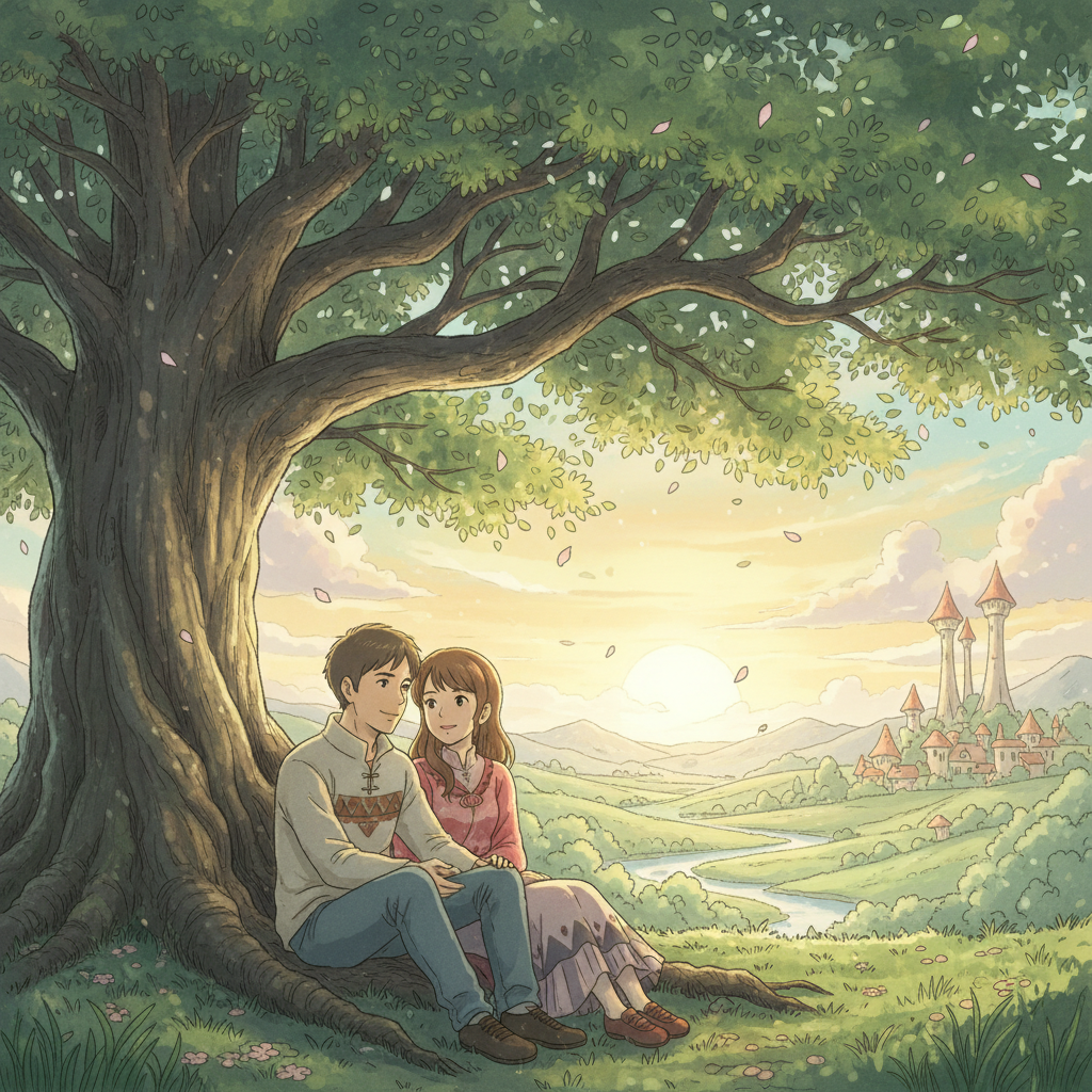 AI Ghibli generator result showing a couple turned into two Studio Ghibli style anime characters sitting under a big green tree at golden hour