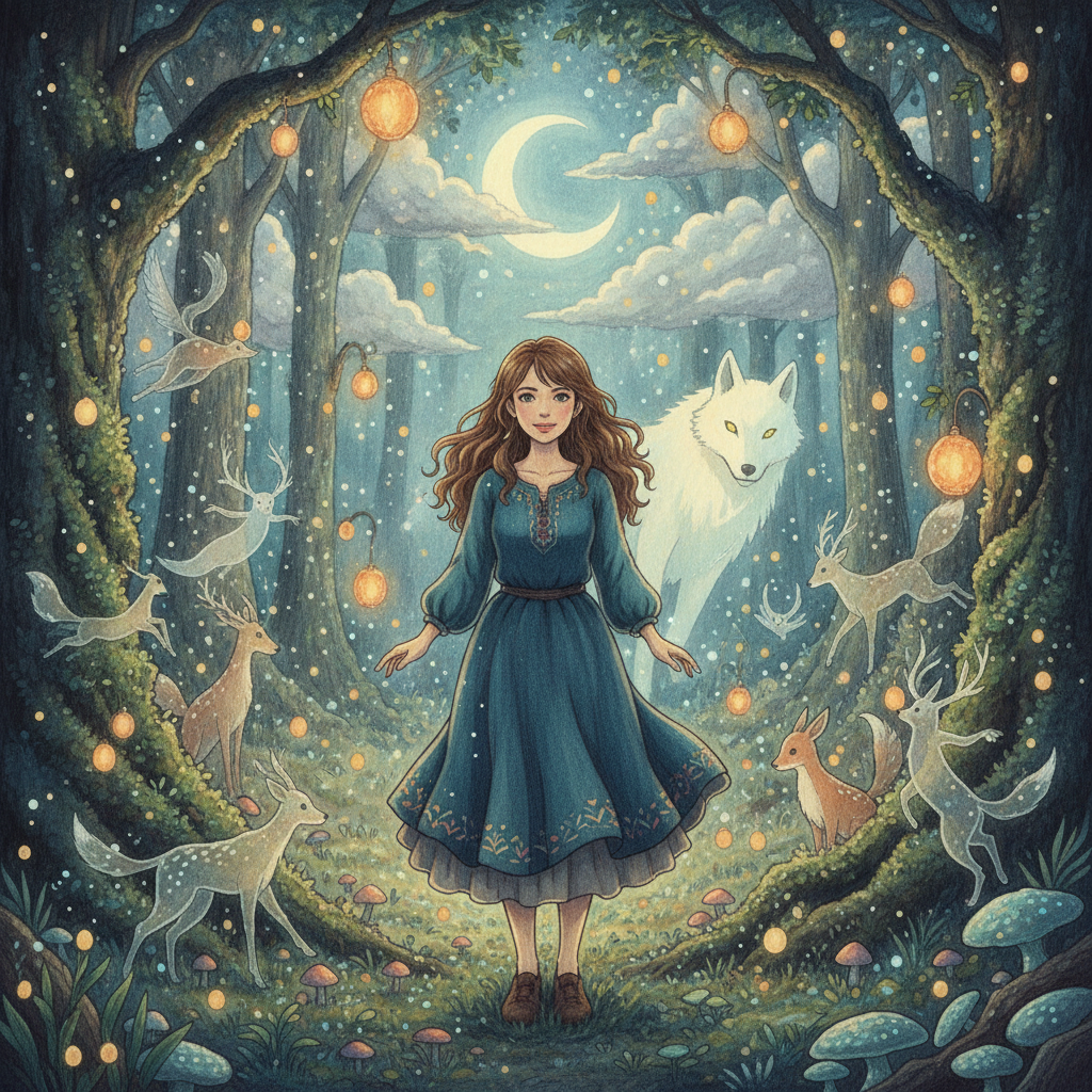 AI Ghibli generator result showing a person as a Ghibli style character in a magical forest at night with glowing spirits