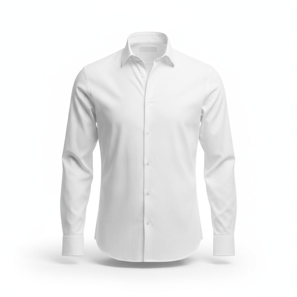 AI ghost mannequin generator result: a crisp white cotton button-down shirt filling a full three-dimensional torso shape on a pure white background, hollow and empty inside with the inner back of the collar visible through the open neck. This is the frame the whole effect is judged on and it is close to perfect. The neck joint is the hard part — the small curved piece of inner back collar that has to sit behind the front collar to prove nobody is wearing the shirt — and it came back cleanly seated, correctly shadowed and at the right depth. White on white is the other trap, because the garment and the background are the same colour and a weak result dissolves into it, but the shoulder line, the placket and the cuffs all separate through soft tonal shading alone. The buttons stayed round, the cuffs kept their fold, and the contact shadow under the hem sits where a real one would.