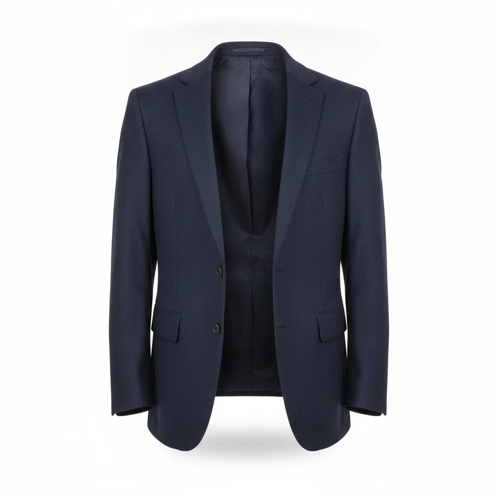 AI ghost mannequin generator result: a navy wool tailored blazer worn open, holding a filled shoulder and chest shape with the dark interior lining clearly visible down the open front and the inner back collar showing through the neck. This one took two attempts and the reason is worth knowing. The first run returned a technically flawless photograph of the back of the jacket — beautiful, sharp, and completely useless, because a ghost mannequin shot that does not show the neck opening does not demonstrate the effect at all. Adding the words straight-on FRONT view to the brief fixed it in one regeneration. What came back second is the hardest version of this shot to retouch by hand: an open jacket needs the inside of the garment rendered as well as the outside, and the lining, the interior seam and the shadow falling into the empty chest cavity all read correctly here.