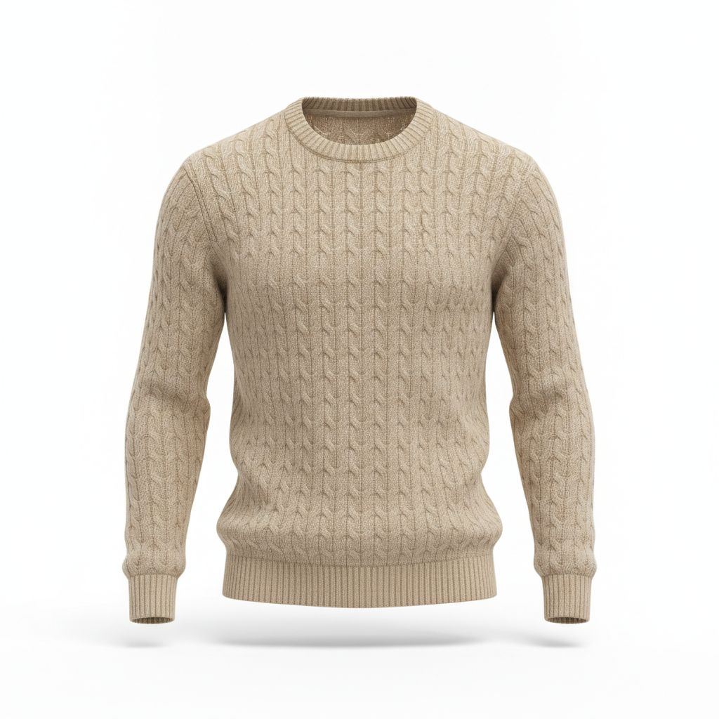 AI ghost mannequin generator result: a chunky beige cable-knit crewneck sweater holding a soft filled body shape on white, hollow through the ribbed collar with the inner back of the neckband visible. Knitwear is the material most likely to turn to mush, because cable knit is a repeating three-dimensional pattern and models love to smear repeating patterns into noise. It held. The cables run continuously over the shoulder and down the sleeve without breaking, splitting or doubling back, the ribbing at the cuffs and hem is genuinely ribbed rather than a printed stripe, and the wool reads as wool with a faint halo of fibre at the edges. The drape is the honest weak point: the sleeves hang slightly too straight and evenly for a heavy knit, which gives it a mild catalogue-render stiffness that a real garment on a real form would not have.