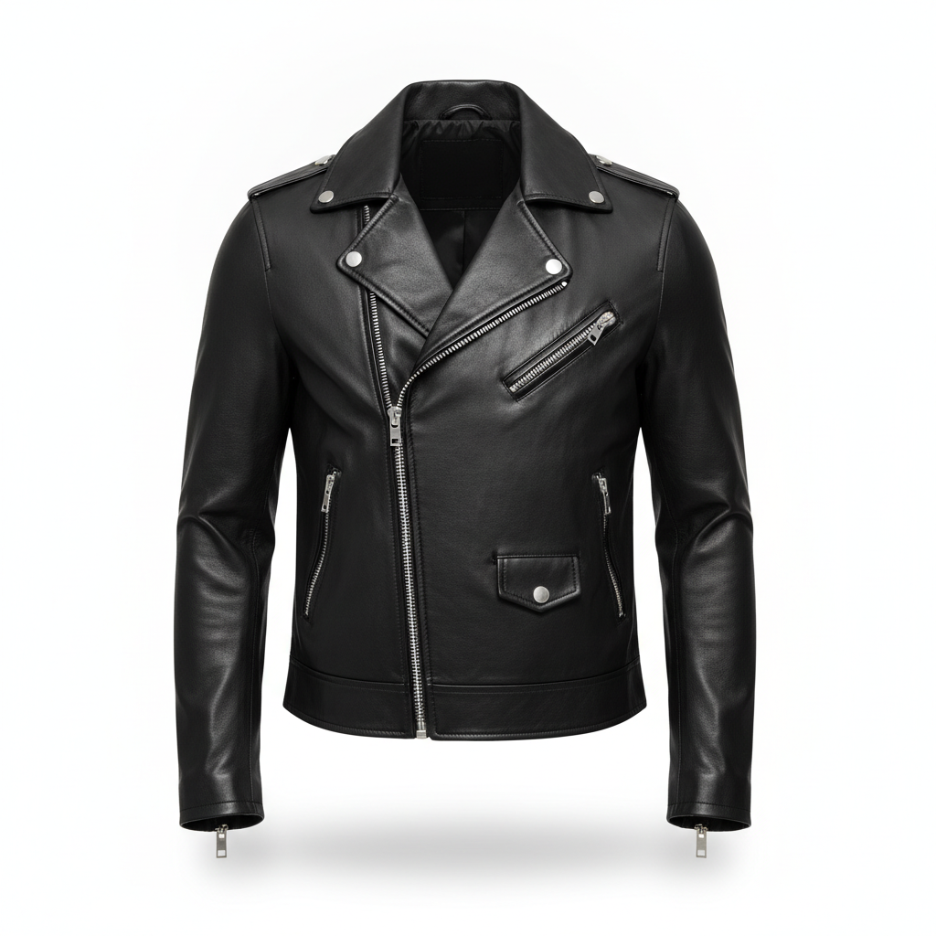 AI ghost mannequin generator result: a black leather biker jacket with silver zips, holding a full three-dimensional shape on pure white with the empty black interior clearly visible down the open asymmetric front and through the neck. Black on white is the opposite problem to the white shirt and arguably the harder one, because everything the eye reads as shape is a specular highlight, and if the model flattens those the jacket becomes a black silhouette. It did not. The sheen runs correctly along the sleeve rolls and around the shoulder, the lapels have believable thickness and stand away from the body, and the zip teeth stayed as teeth rather than dissolving into a grey line. Count the hardware before you use a frame like this: four zips, four pulls and the press studs all landed in the right places here, but hardware count is exactly the thing this model gets wrong when it does go wrong.
