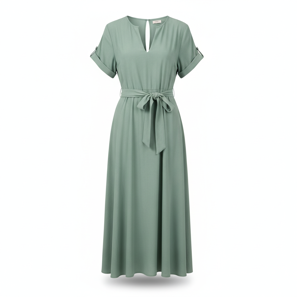 AI ghost mannequin generator result: a sage green midi dress with short sleeves and a tied fabric belt, holding a filled body shape on white with the empty split neckline showing the inner back of the collar. This is the second frame that needed a regeneration, and the reason was text. The first attempt was compositionally fine but it invented a small printed neck label inside the collar and dropped the background to a soft grey. Naming the failure explicitly in the brief — no printed neck label or care tag anywhere on the collar — cleared it, and the second run came back on clean white with the collar empty. The tied belt is the part worth studying: bows and knots are a classic generative failure, and this one has a coherent knot with the two tails falling in front of the skirt and casting their own shadow onto it.