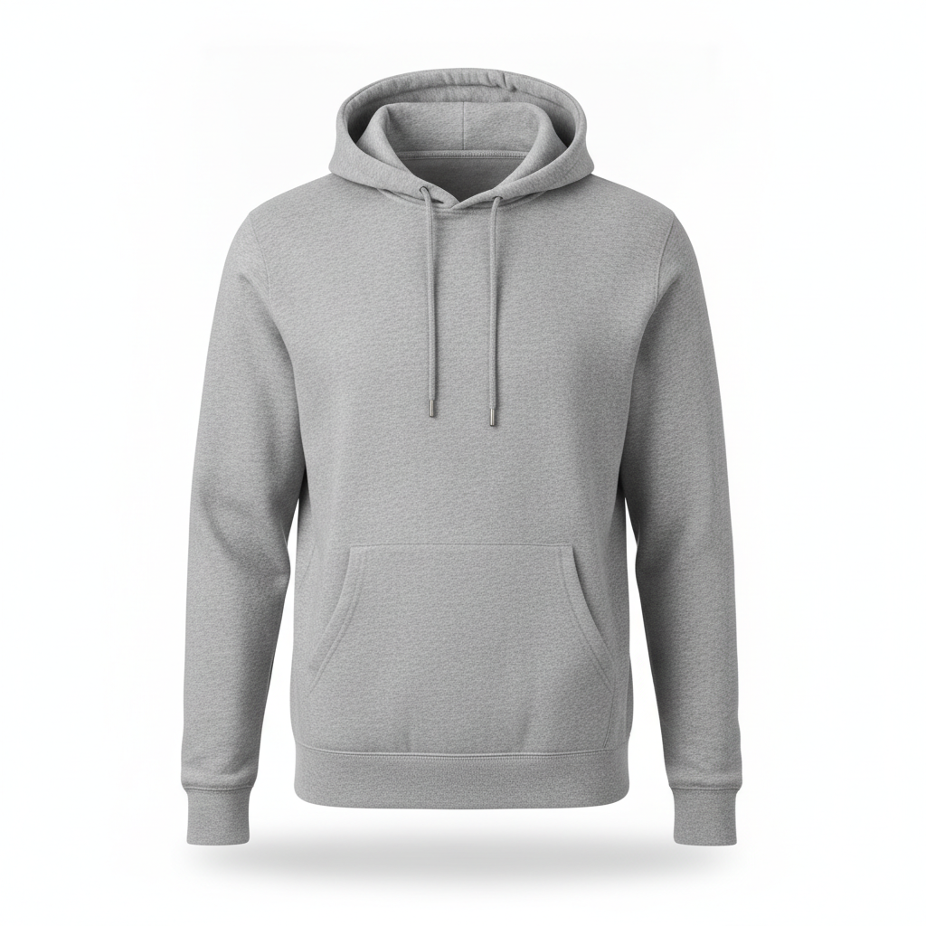AI ghost mannequin generator result: a heather grey pullover hoodie with a kangaroo pocket and metal-tipped drawstrings, holding a full body shape on white. It is the most commercially convincing frame here and also the one that quietly dodges the hard part. A hood sits up and over the neck opening, so there is no visible neck joint to get wrong, which is exactly why hoodies look easy in ghost mannequin sets and why they are a poor test of whether a tool can actually do this. Everything else is strong: the marl of the heather fabric is a real fibre mix rather than added grain, the hood keeps its own hollow inner volume instead of collapsing flat, the drawstrings hang at slightly different lengths the way real ones do, and the pocket opening has a genuine dark recess. Note there is no brand on the chest, which is the correct default for an apparel template.
