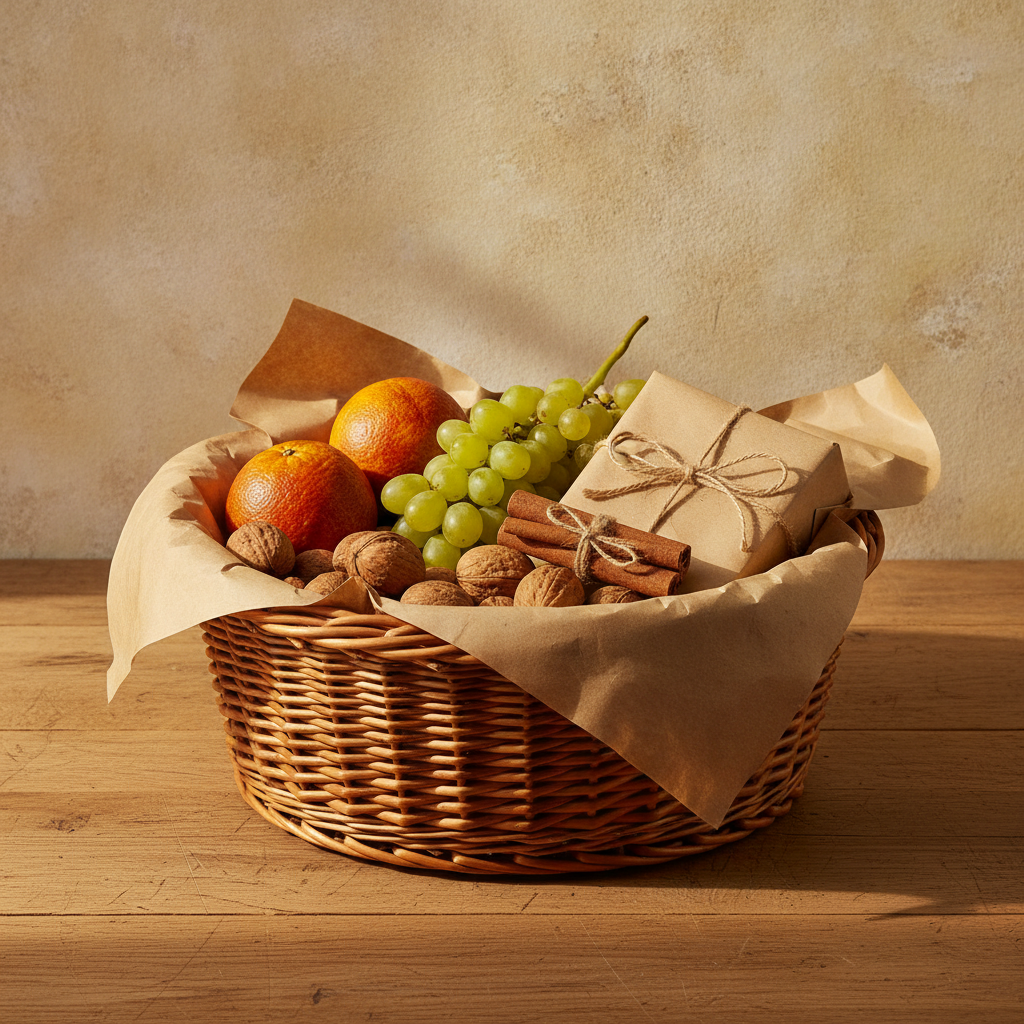 Round willow gourmet gift basket lined with crumpled kraft paper, holding two oranges, a bunch of green grapes, shelled walnuts, a jute-tied bundle of cinnamon quills and a plain brown paper parcel tied with a jute bow, on a scrubbed oak table against a limewashed wall