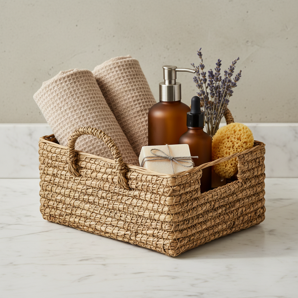 Rectangular seagrass spa gift basket on a marble counter holding two rolled oatmeal waffle-weave towels, plain amber glass pump and dropper bottles, a paper-wrapped soap cube tied with grey thread, dried lavender and a natural sea sponge