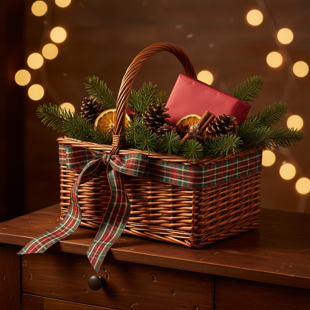Deep wicker Christmas gift basket tied with a wide red, green and cream tartan bow, filled with pine sprigs, pinecones, dried orange slices, cinnamon sticks and a deep red paper parcel, on a dark sideboard with warm bokeh string lights behind