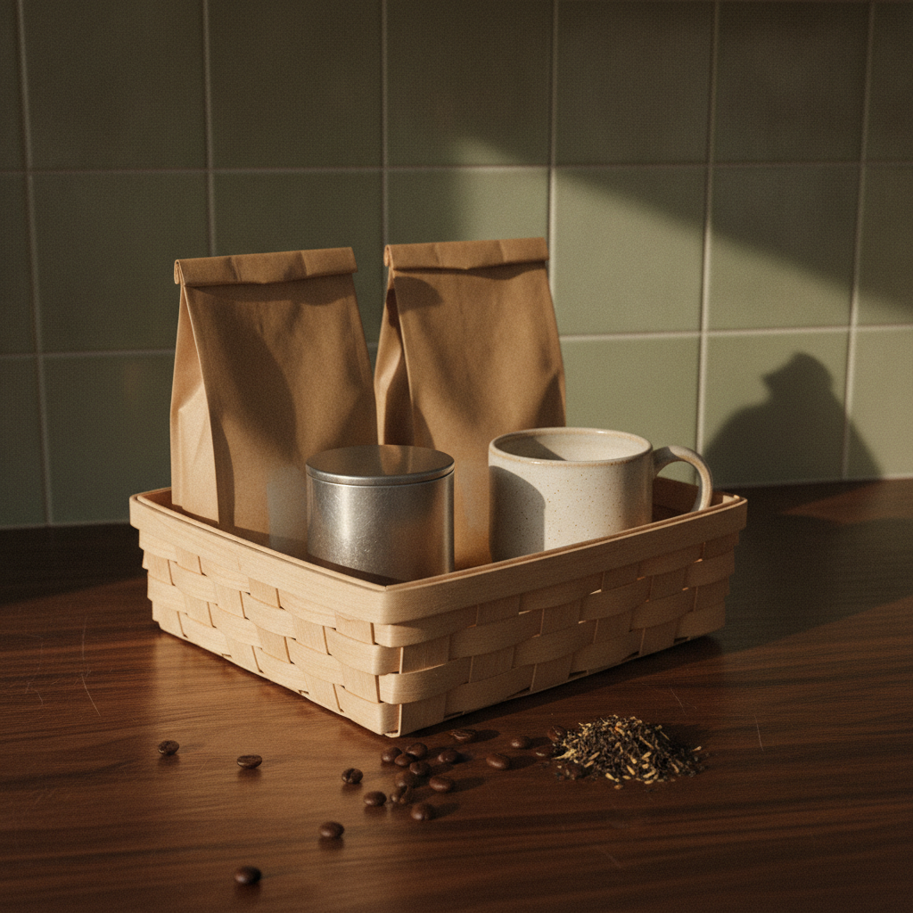 Shallow woven coffee and tea gift basket sitting off-centre on a dark walnut counter in raking morning sun, holding two plain kraft pouches, a brushed steel tin and a cream speckled stoneware mug, with coffee beans and dried tea leaves spilled in front and a long shadow thrown across the sage glazed tile behind