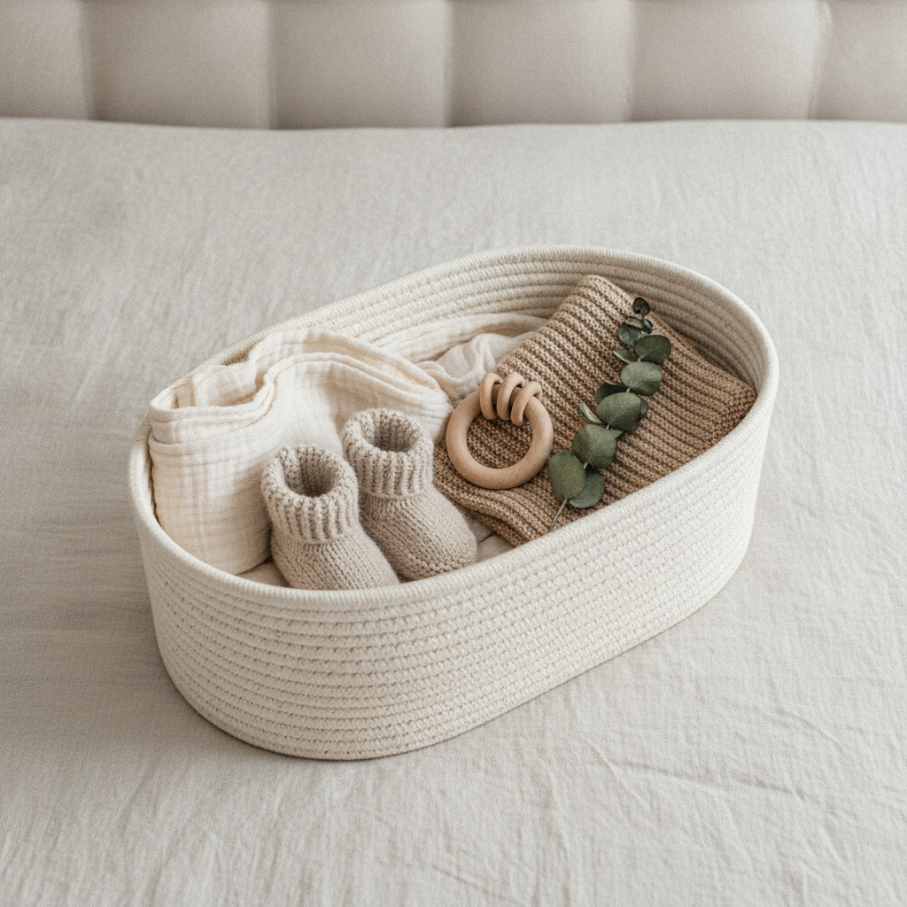 Oval cotton rope new baby gift basket photographed from above on pale linen, holding folded cream muslin, two knitted oatmeal booties side by side, a turned beechwood rattle ring, a folded fawn ribbed-knit blanket and a sprig of dried eucalyptus