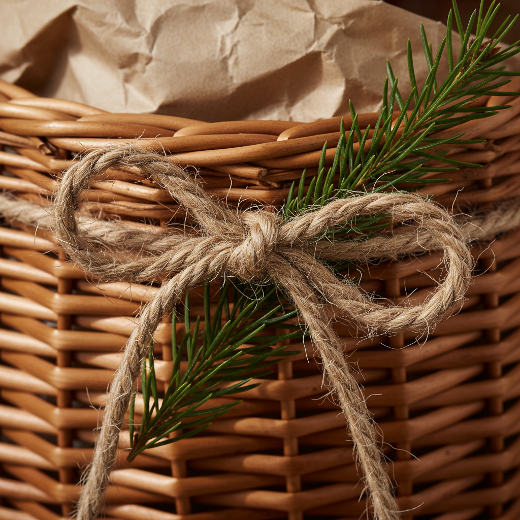 Extreme macro of a jute twine bow knotted against the over-under willow weave at the rim of a gift basket, with a pine sprig crossing the rods and crumpled kraft paper visible above