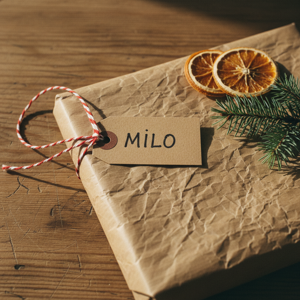 Kraft-brown gift tag hand-written in black ink with the name Milo, a loop of red and white baker twine beside it, lying on a crumpled brown paper parcel with two dried orange slices and a spruce sprig on a scrubbed pine table