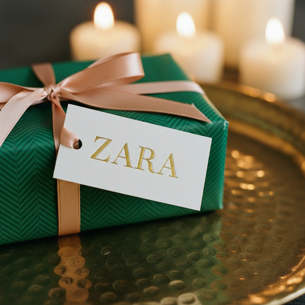 White gift tag with the name Zara stamped in gold foil serif, threaded on a blush satin ribbon tied in a bow over emerald herringbone-embossed wrapping paper, standing on a hammered brass tray with pillar candles blurred behind