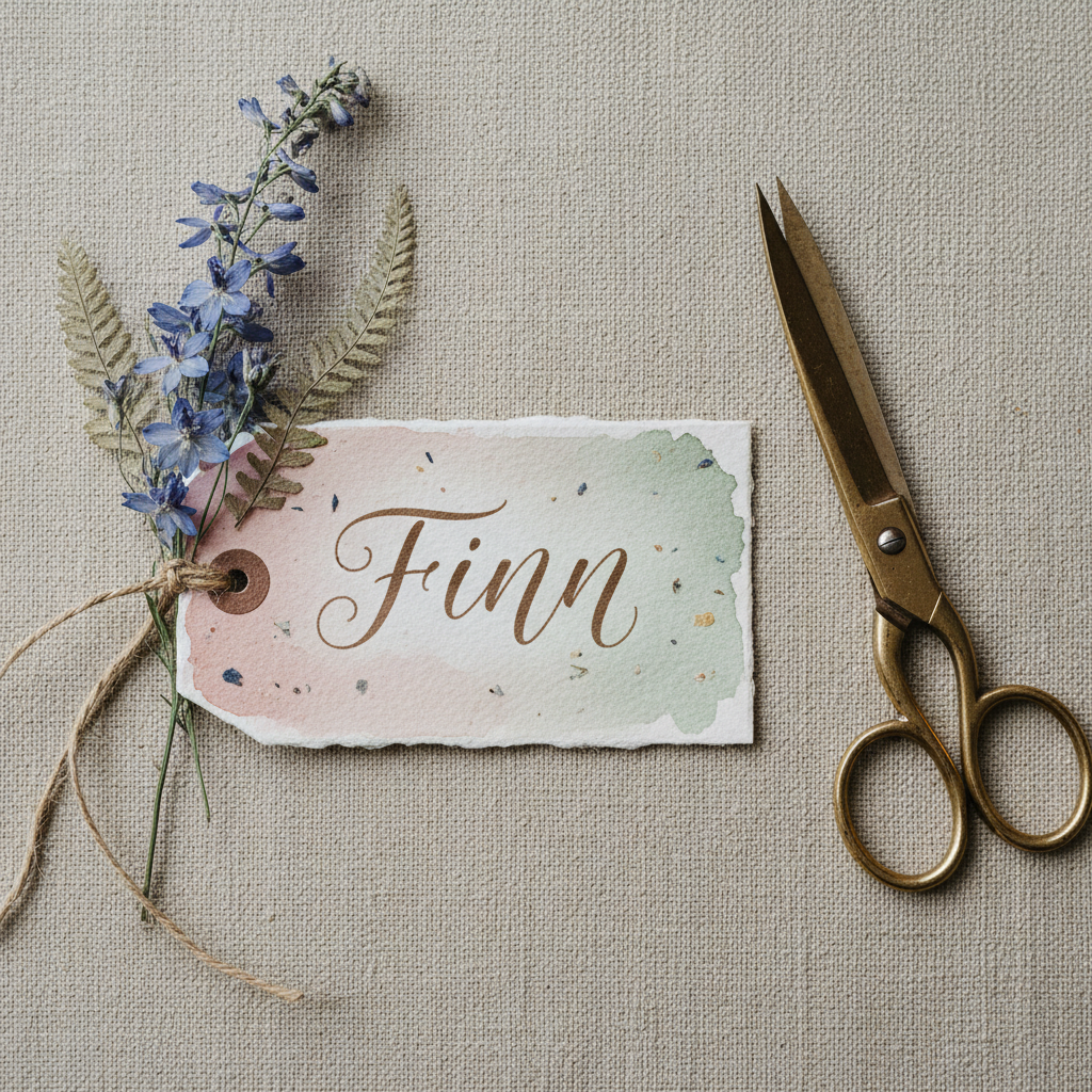 Watercolour-washed pink and sage gift tag with a deckled edge lettered Finn in brown calligraphy, tied with jute twine to dried blue larkspur and pressed fern fronds, lying on oatmeal linen beside a pair of aged brass scissors