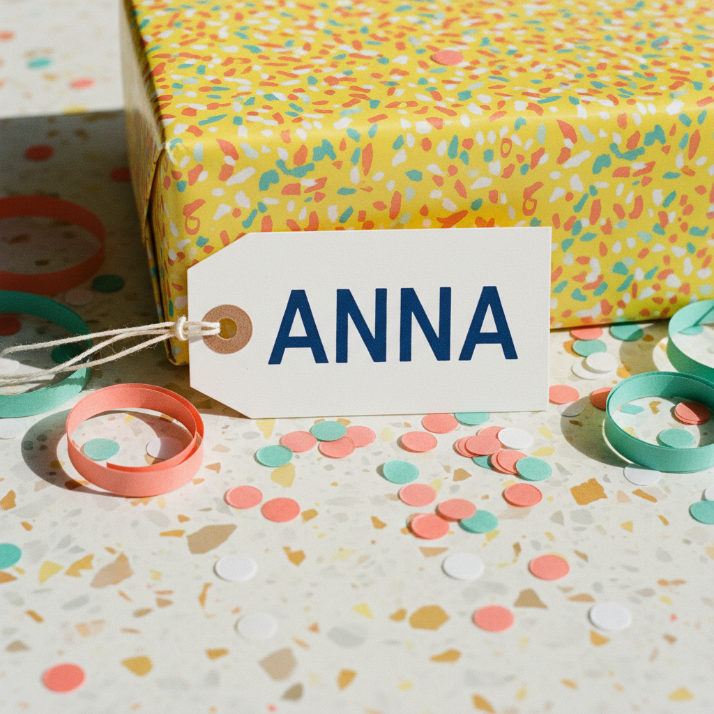 White gift tag lettered Anna in navy sans-serif capitals on a cotton string, leaning against a sunshine-yellow confetti-print parcel with coral and teal curled ribbon and scattered paper dots on a pale terrazzo tabletop
