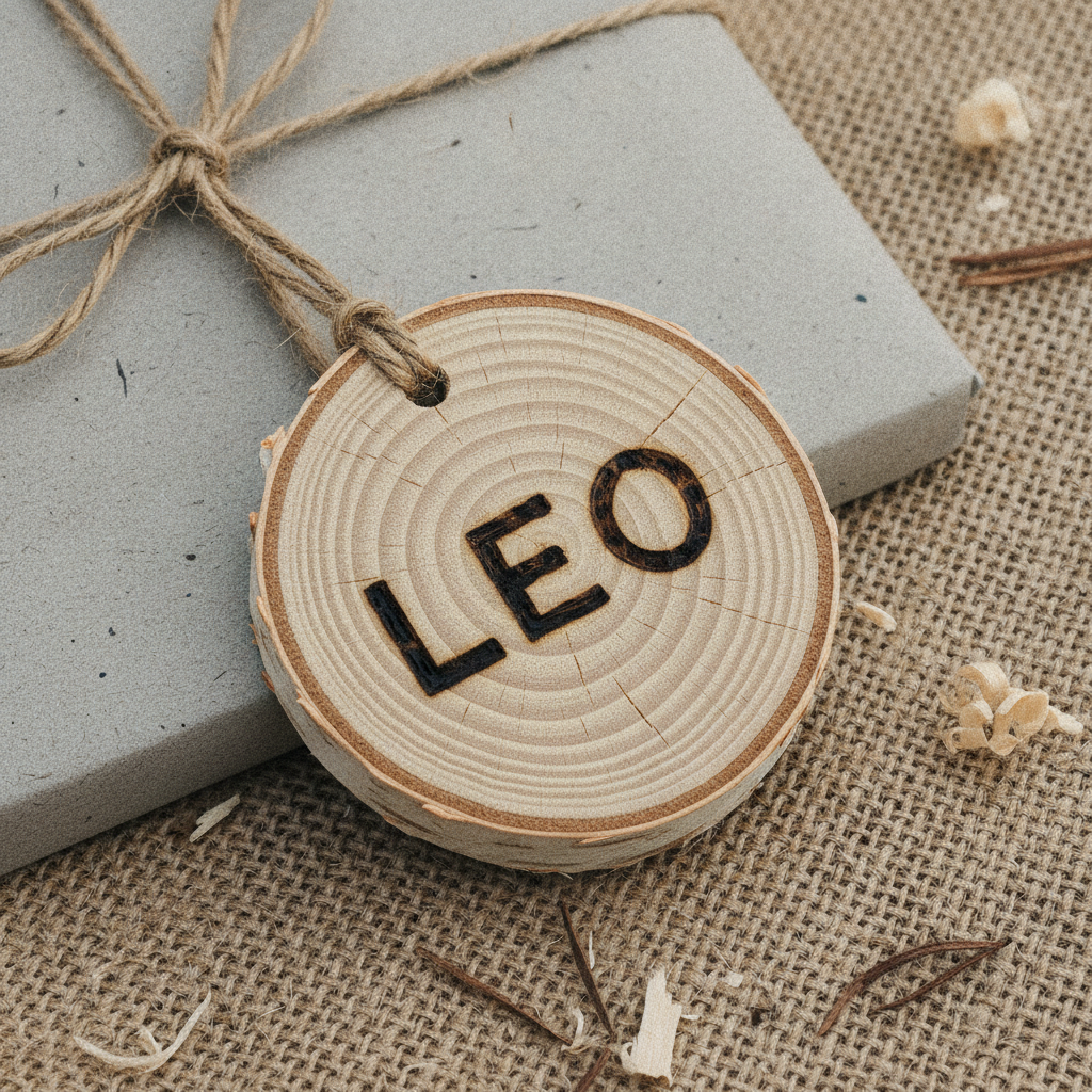 Round birch wood slice gift tag with the name Leo burned into its growth rings in dark pokerwork capitals, hung on coarse jute twine from a grey recycled-paper parcel resting on hessian with pale wood shavings scattered around