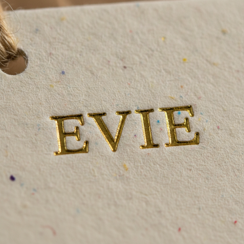 Extreme macro of the name Evie in bright gold foil serif capitals on a flecked cotton-rag gift tag, the punched hole and a few twisted twine fibres just visible along the top edge