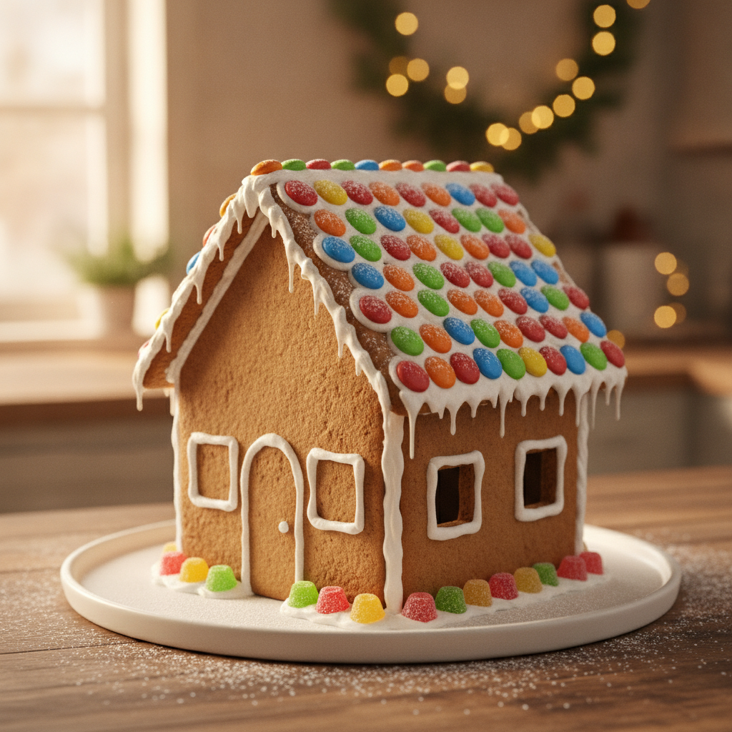 AI gingerbread house generator result: a classic gingerbread cottage on a white ceramic plate on a wooden counter, with a roof of candy discs in neat rows, white royal icing icicles hanging from the eaves and a ring of gumdrops around the base, lit by soft window light with blurred fairy lights behind. The build is convincing and genuinely achievable: the icing seams sit where a baker would pipe them, the candy discs are laid in even overlapping rows and the whole thing stands square on the plate. Two drifts. Only the right roof slope was tiled — the near slope came back as bare gingerbread despite the prompt asking for candy tiles across the roof. And the windows are inconsistent: the two on the side wall are cut right through into dark openings, while the two on the front are only icing outlines piped onto a solid wall.