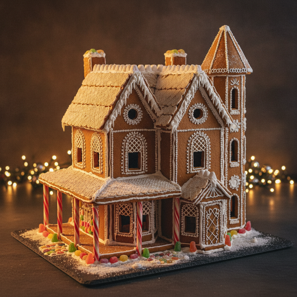 AI gingerbread house generator result: an elaborate two-storey Victorian gingerbread manor on a dark slate board, with a wrap-around porch on candy-cane columns, two gables, a corner tower and fine white royal icing lattice, scrollwork and beading over every surface, lit warmly against blurred fairy lights. The piping is the achievement here and it is remarkable, with beaded dot borders and lattice panels that look genuinely hand-piped rather than stamped. Three drifts. The wafer roof shingles rendered as a soft woven texture, closer to knitted wool than to overlapping biscuit tiles. Two roof panels droop and curl at the eaves the way cloth would, not rigid baked gingerbread. And the cone roof asked for on the tower came back as a four-sided pyramid, while the leftmost candy-cane column stands clear of the porch roof it is meant to be holding up.