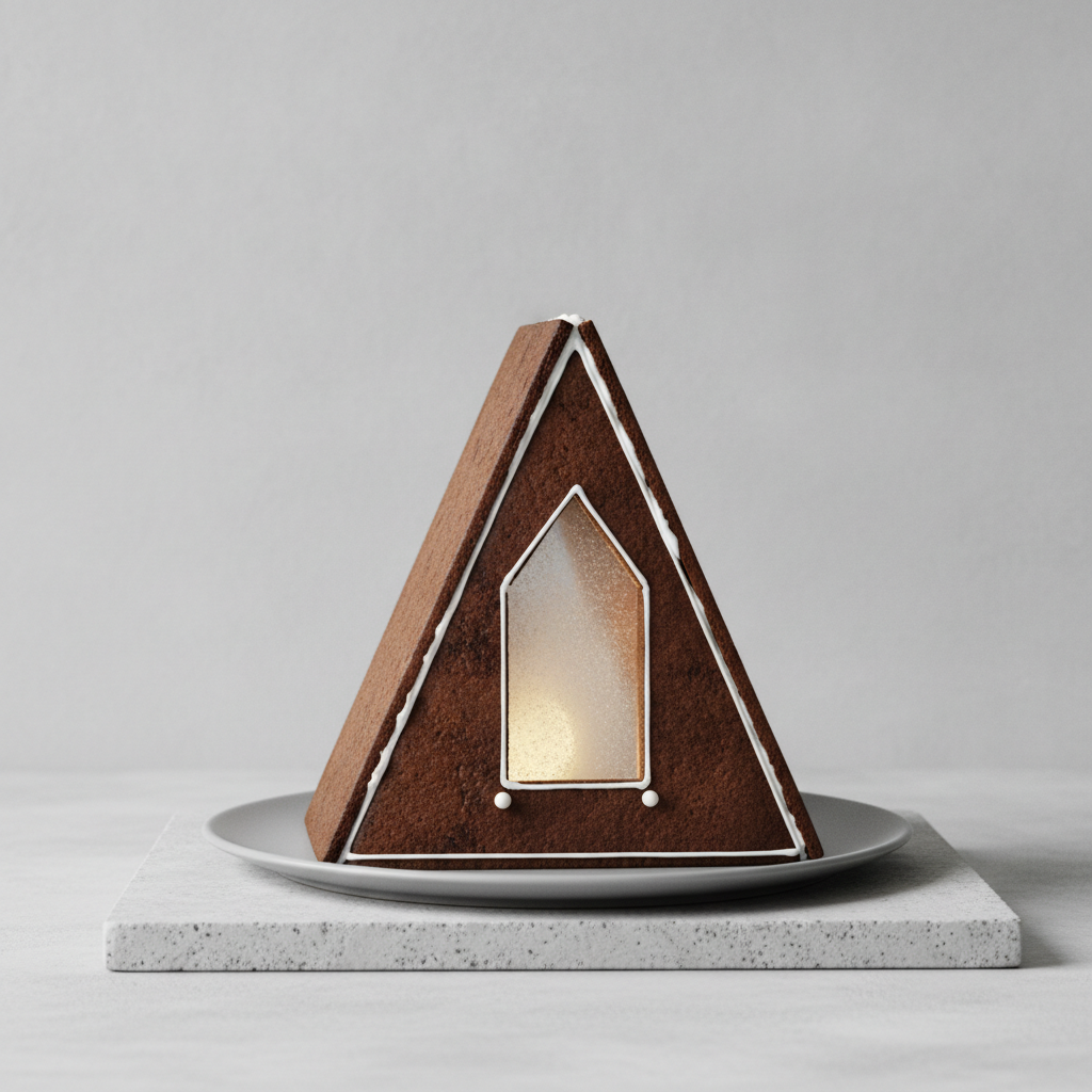 AI gingerbread house generator result: a minimalist Nordic A-frame gingerbread chalet, a steep dark triangle on a grey plate set on a pale concrete slab against a plain light background, with thin white icing lines tracing the roof edges and a glowing sugar-glass window set into the front gable. This is the most faithful result of the six: the restraint held, the negative space held, and the request for only two or three small white candy accents produced exactly two, placed symmetrically below the window. Two drifts, both about material. The dark front face reads as matte cocoa powder or velvet rather than baked biscuit, with none of the crumb, crack or toasted edge that was asked for. And a grey plate appeared under the chalet that the prompt never mentioned, so it sits on a plate on a slab rather than directly on the slab.