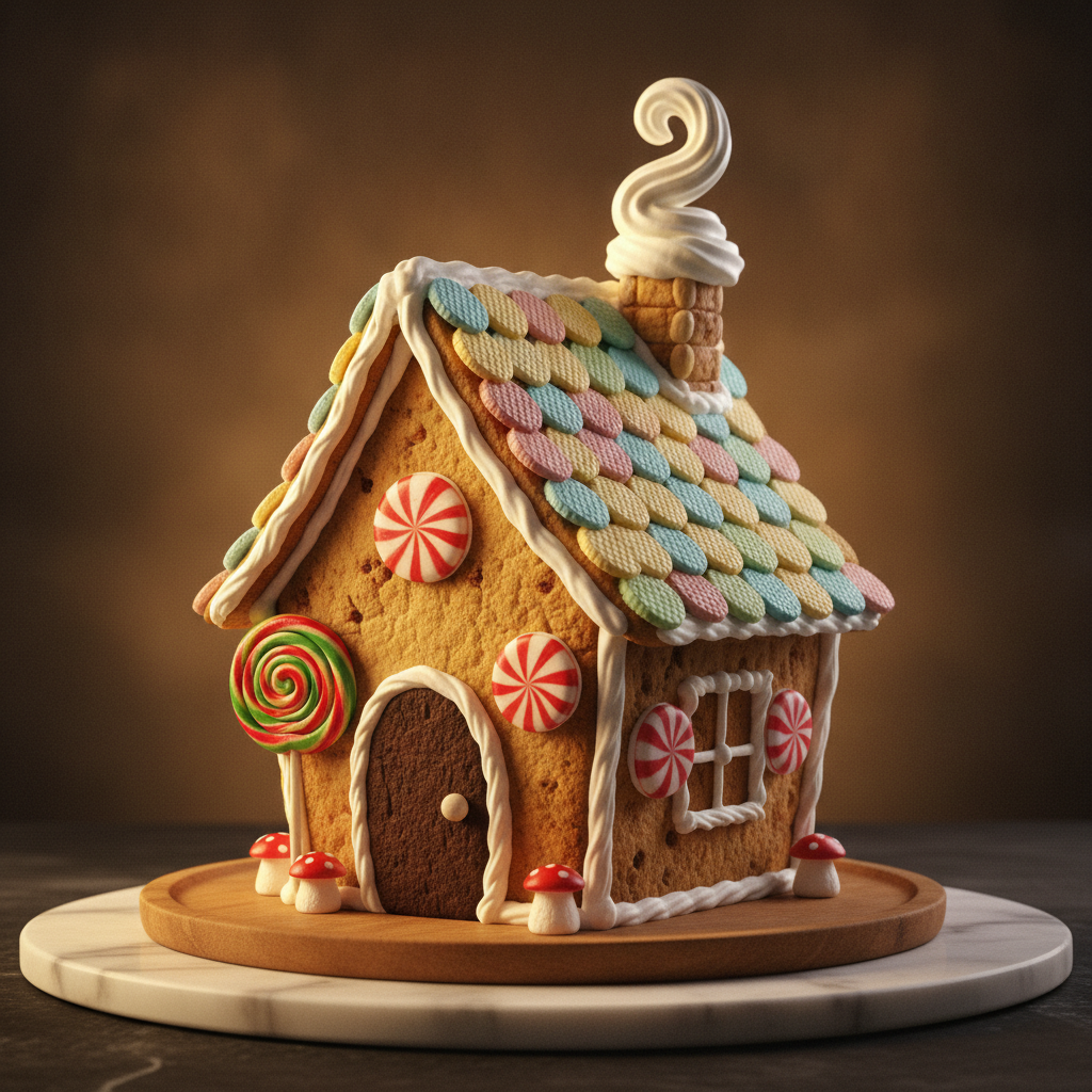 AI gingerbread house generator result: a whimsical storybook gingerbread cottage on a round wooden board on white marble, with a wavy pastel scalloped roof, red and white peppermint swirls set into the walls, a spiral lollipop by the door, marshmallow toadstools around the base and a curl of white icing smoke rising from the chimney. The fairytale mood lands completely and the arched door reads as a separate cut piece rather than a painted outline. Three drifts. The icing smoke swirl grew to roughly the height of the roof and several times the width of the chimney, so it dominates the frame. The pastel roof scallops picked up the same knitted-fabric texture as the Victorian roof. And the walls baked pale, closer to a speckled sugar cookie than to the dark spiced gingerbread described, on a second board the prompt did not ask for.