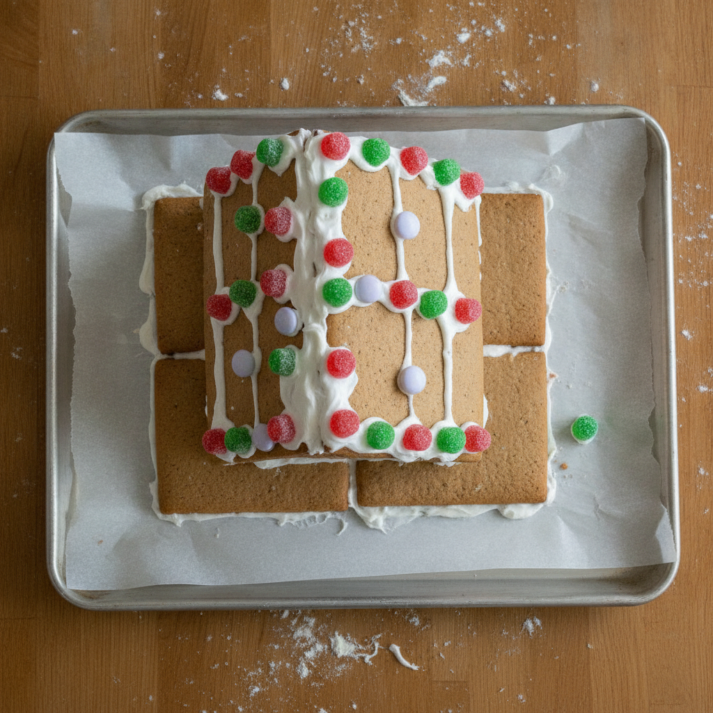 AI gingerbread house generator result showing the one outright failure in the set: instead of a simple assembled house, the walls and roof panels are lying flat on a parchment-lined baking tray, iced and decorated face-up like an unfolded paper model, with gumdrops pressed along the icing seams and one green gumdrop fallen onto the tray beside the tray edge. Every individual instruction was followed — thick messy icing oozing at the seams, chunky sweets in uneven rows, the single fallen gumdrop, the scattered icing sugar, the homemade imperfection — but the phrase overhead-angle photograph in the prompt collapsed the build flat. The model chose the camera angle over the object, and a house that must be seen standing is exactly the wrong subject to shoot from above.