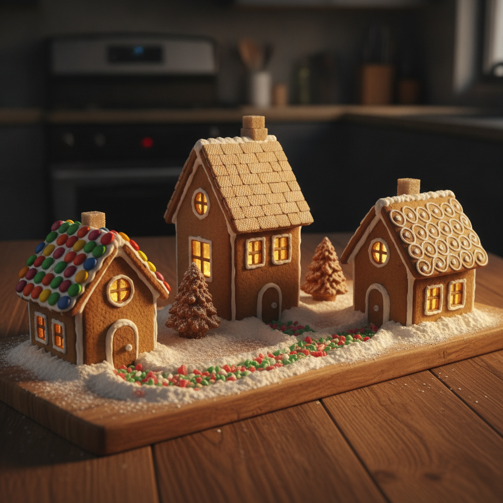 AI gingerbread house generator result: a gingerbread village of three separate cottages of different heights on a long wooden board in a dim kitchen, with warm light glowing through sugar-glass windows, drifts of icing sugar snow banked against the walls, a path of crushed red and green candy winding between them and two small gingerbread fir trees. As a scene it works, the warm window glow is the best lighting in the set, and the three roof treatments are all distinct. The main drift is scale, which the prompt explicitly asked to keep consistent: the candy discs roofing the left cottage are enormous relative to that house, so it reads as a different size from the shingled cottage in the middle. The middle roof also carries the recurring woven-fabric shingle texture, and the candy path scatters like loose sprinkles rather than forming a laid path.