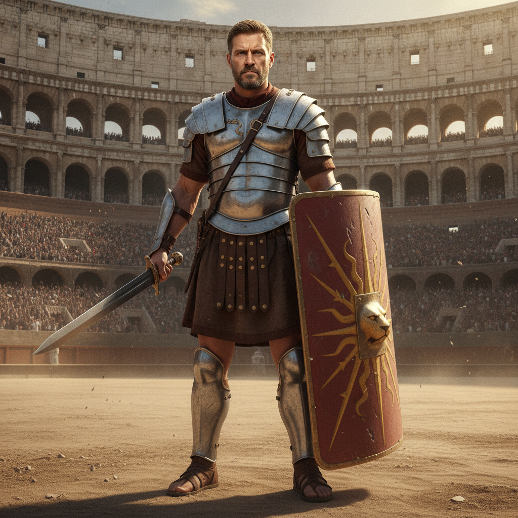 AI gladiator generator result showing a person turned into a classic Roman gladiator in segmented lorica armor with a gladius and shield on the sand of a Colosseum, real face preserved