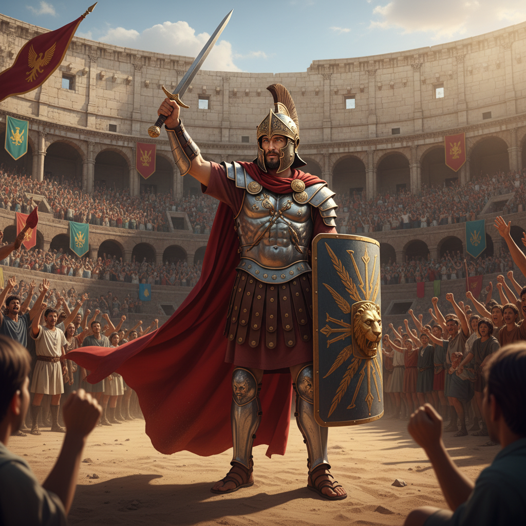 AI gladiator generator result showing a person as a champion murmillo gladiator in an ornate crested helmet and flowing red cape raising a sword in a sunlit arena, real face kept recognizable