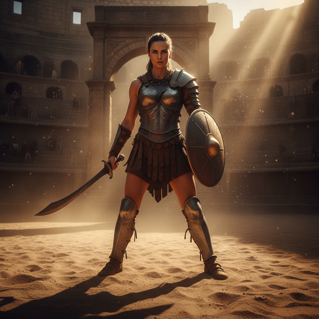 AI gladiator generator result showing a person as a fierce gladiatrix warrior woman in leather and bronze arena armor with a curved sword and round shield on the arena sand, real facial features recognizable