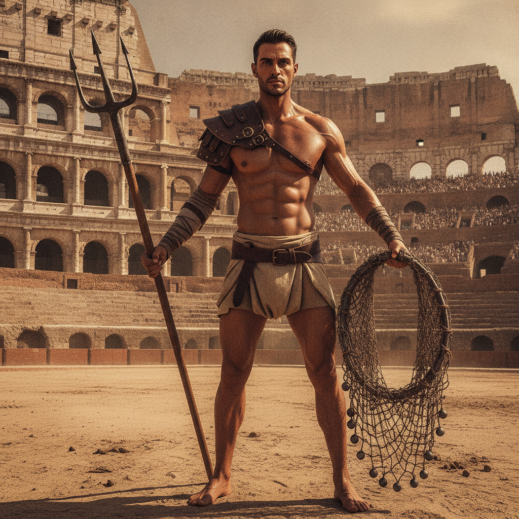 AI gladiator generator result showing a person as a retiarius net-fighter gladiator holding a trident and net with the Colosseum stands behind, real facial features recognizable