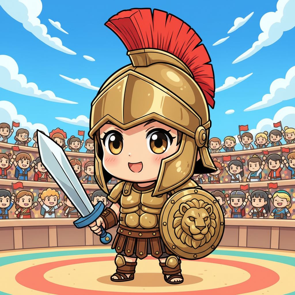 AI gladiator generator result showing a person as a cute anime-style gladiator with a little crested helmet and tiny bronze armor in a colorful cartoon arena, real facial features recognizable