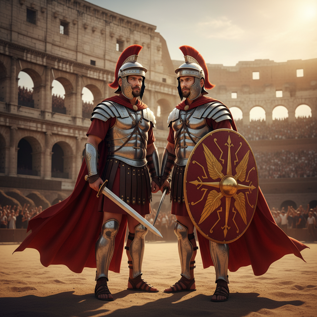 AI gladiator generator result showing a couple turned into two matching gladiators in arena armor and red capes on the Colosseum sand at golden hour, both real faces preserved