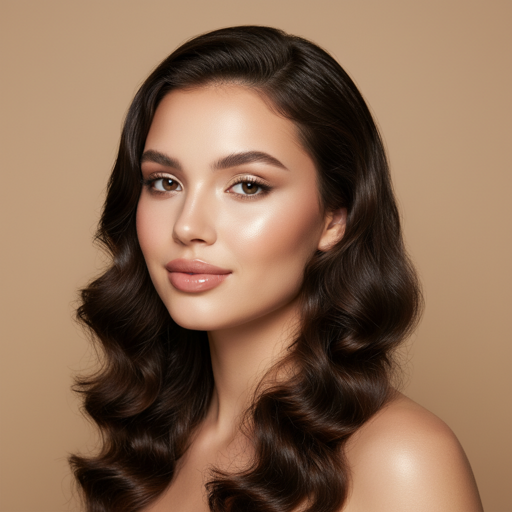 Glamorous AI glow up portrait of a woman with flawless radiant skin, soft makeup, and glossy styled hair in bright studio beauty lighting, made by the AI glow up generator