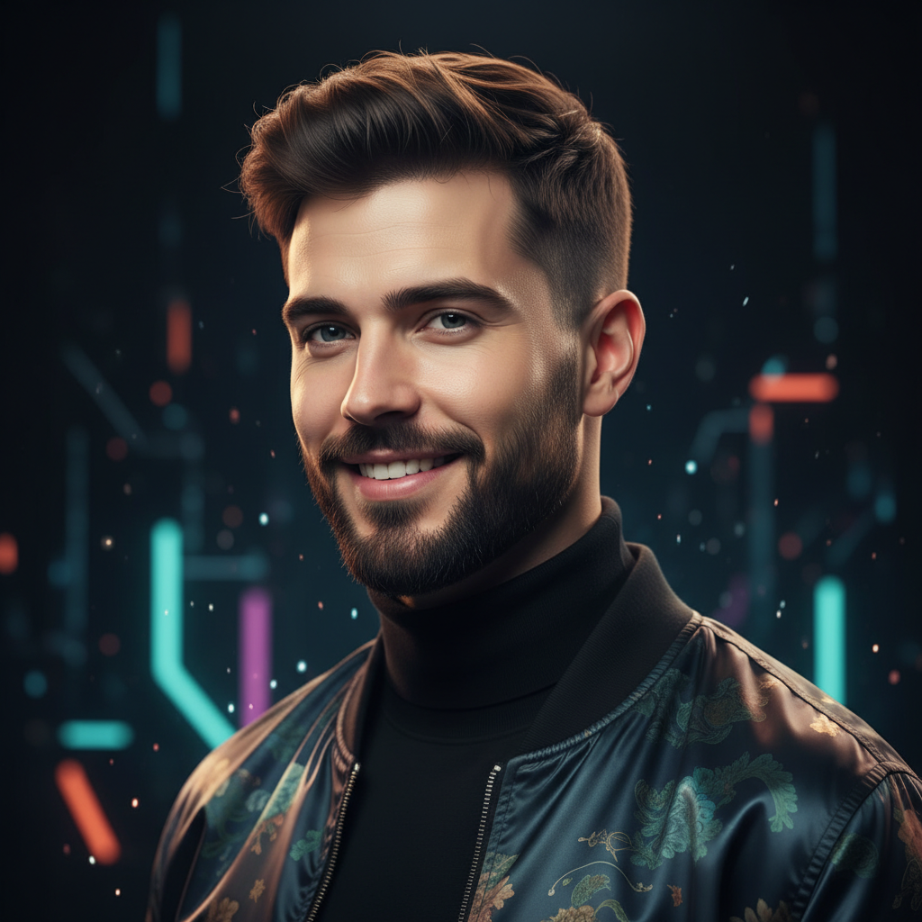 Confident AI glow up portrait of a man with clear healthy skin, fresh modern haircut, and a well-groomed look in soft cinematic lighting