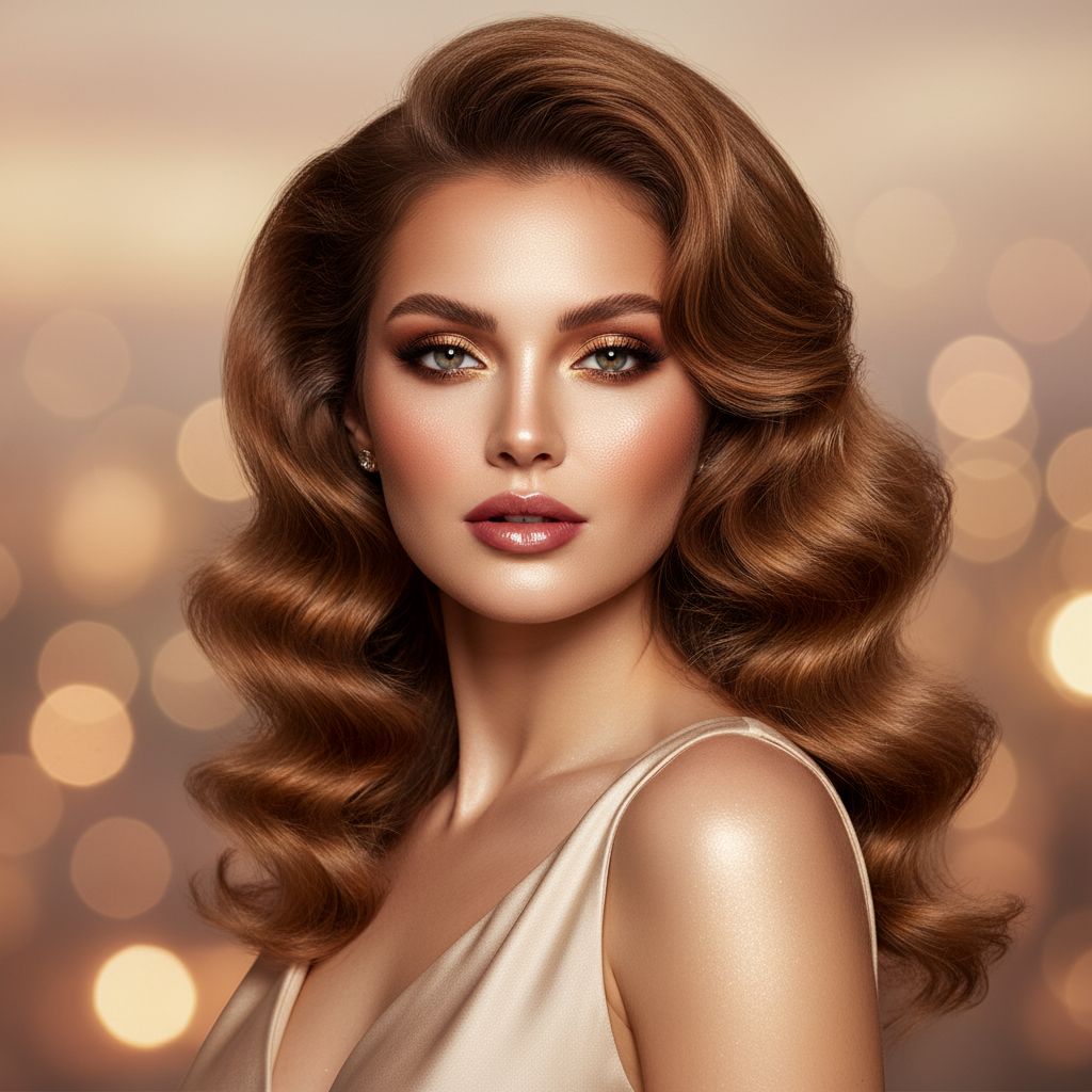 Stunning AI glow up makeover of a woman with luminous dewy skin, elegant evening makeup, and voluminous hair in warm golden glow lighting