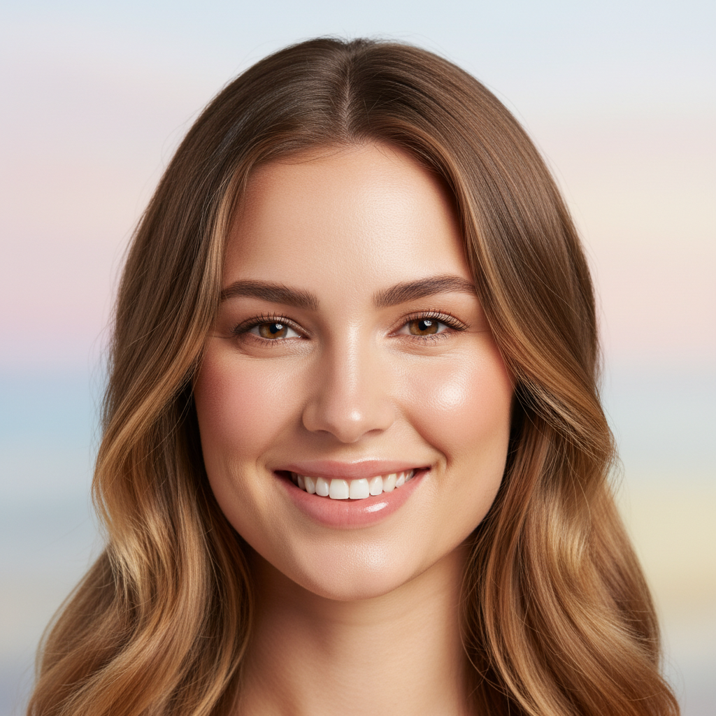 AI glow up beauty portrait of a smiling woman with sun-kissed glowing complexion and fresh natural makeup in bright airy lighting