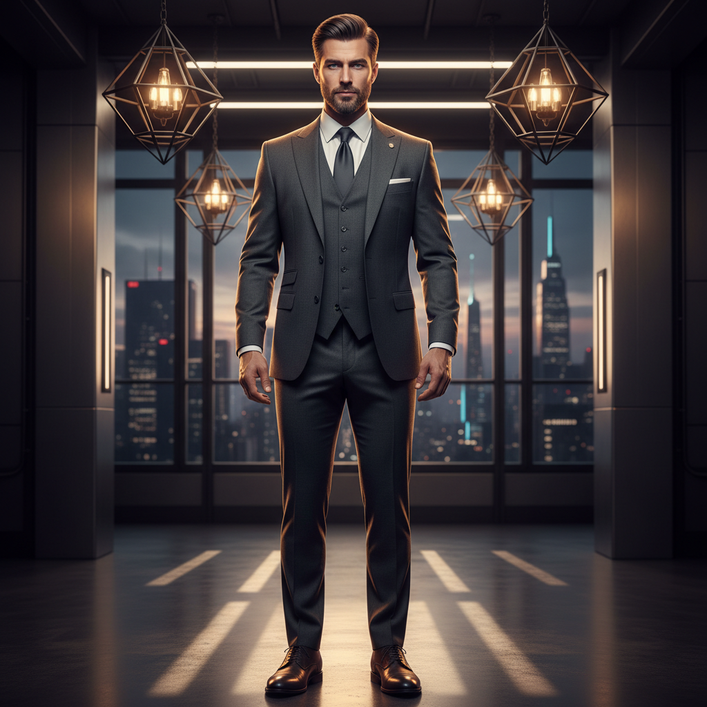Polished AI glow up transformation of a man in a sharp tailored outfit with defined features and dramatic rim lighting