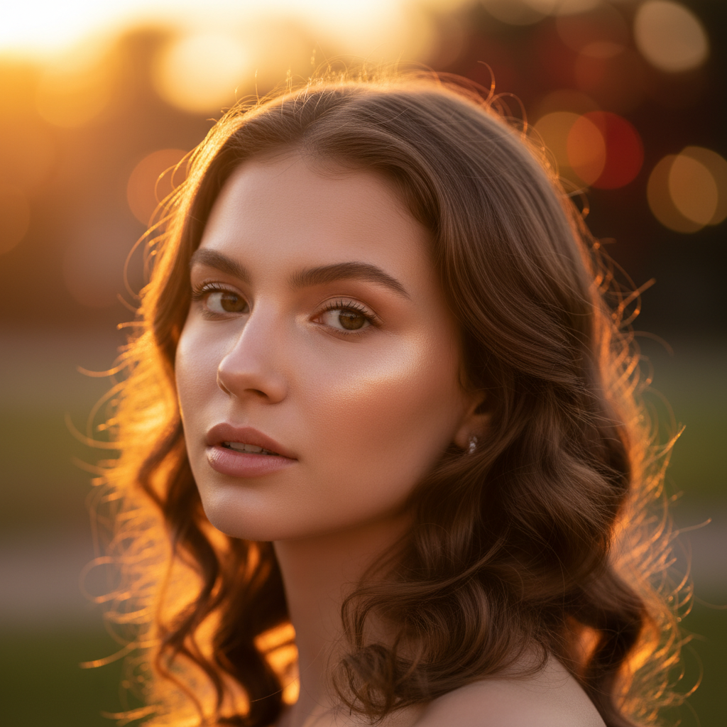 Radiant AI glow up portrait of a young woman with glass-skin glow, soft curled hair, and warm golden-hour lighting in a dreamy outdoor setting