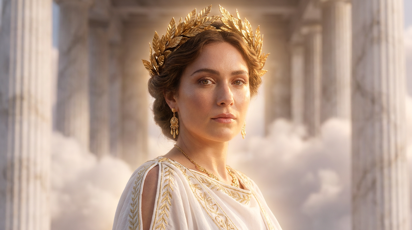 AI goddess generator turning a person into a radiant Greek goddess with a golden laurel crown and flowing white robes while keeping their real face