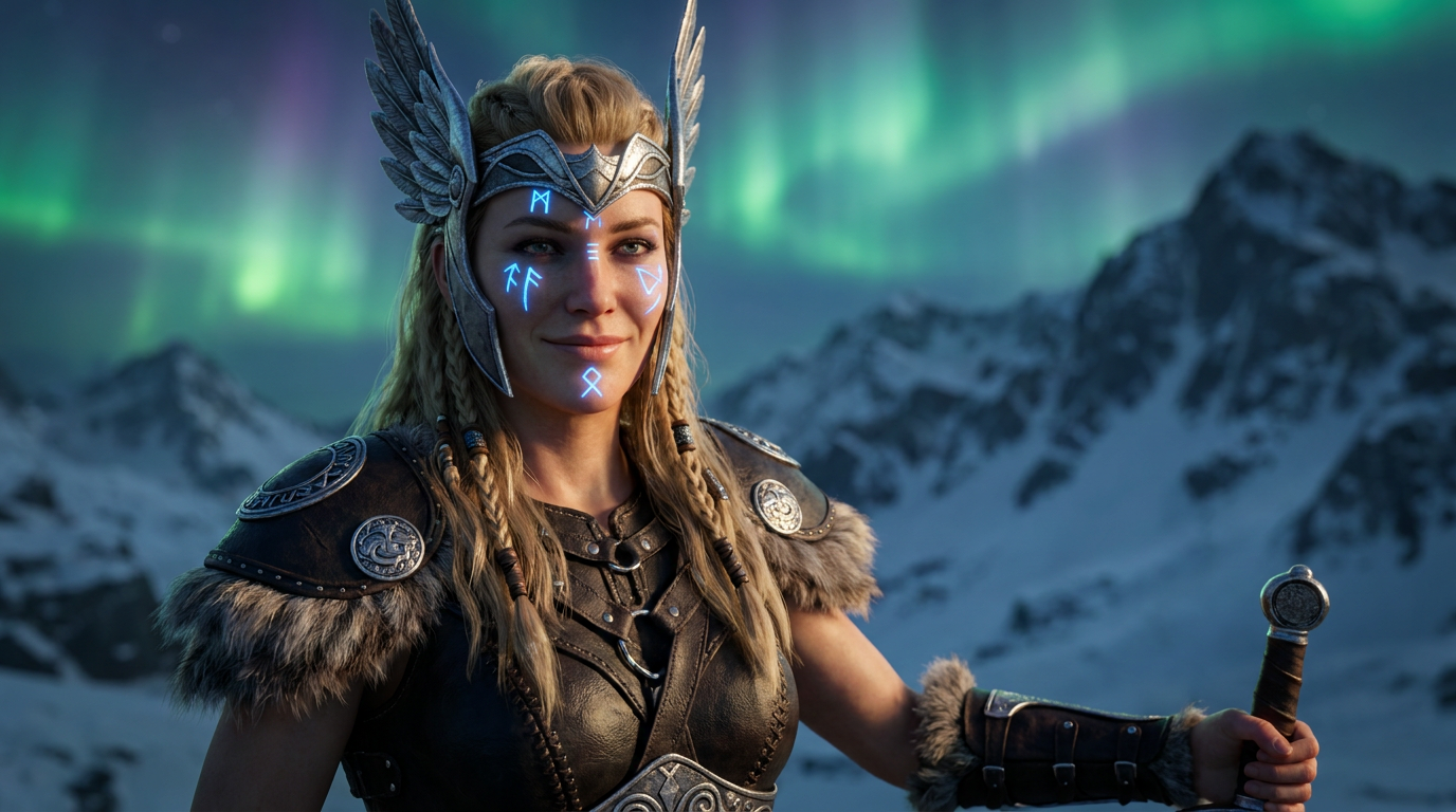 Norse warrior goddess with a silver winged Valkyrie headdress and glowing runes created with the AI goddess generator