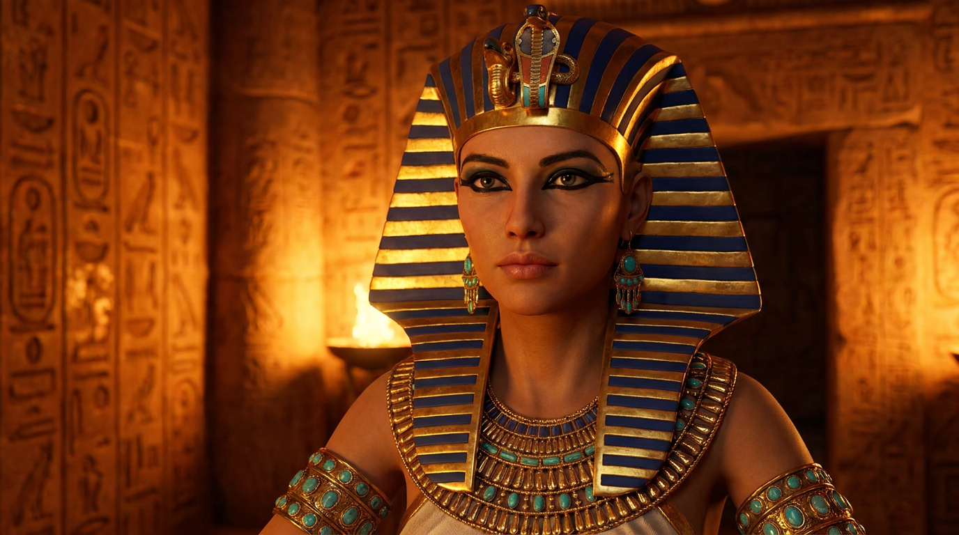 Golden Egyptian goddess with an ornate Nemes headdress and turquoise jewelry generated on a photo with the AI goddess generator