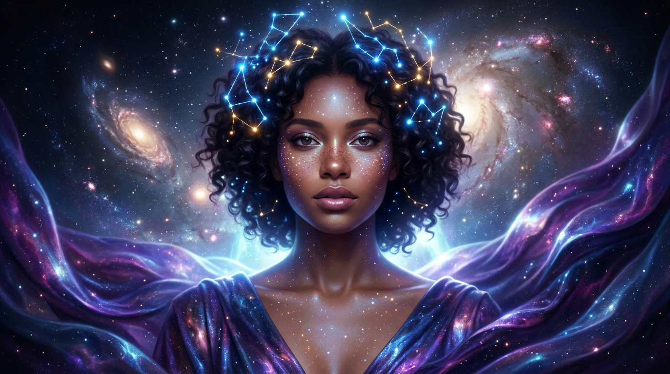 Celestial cosmic goddess with a constellation crown and nebula robes made with the AI goddess generator