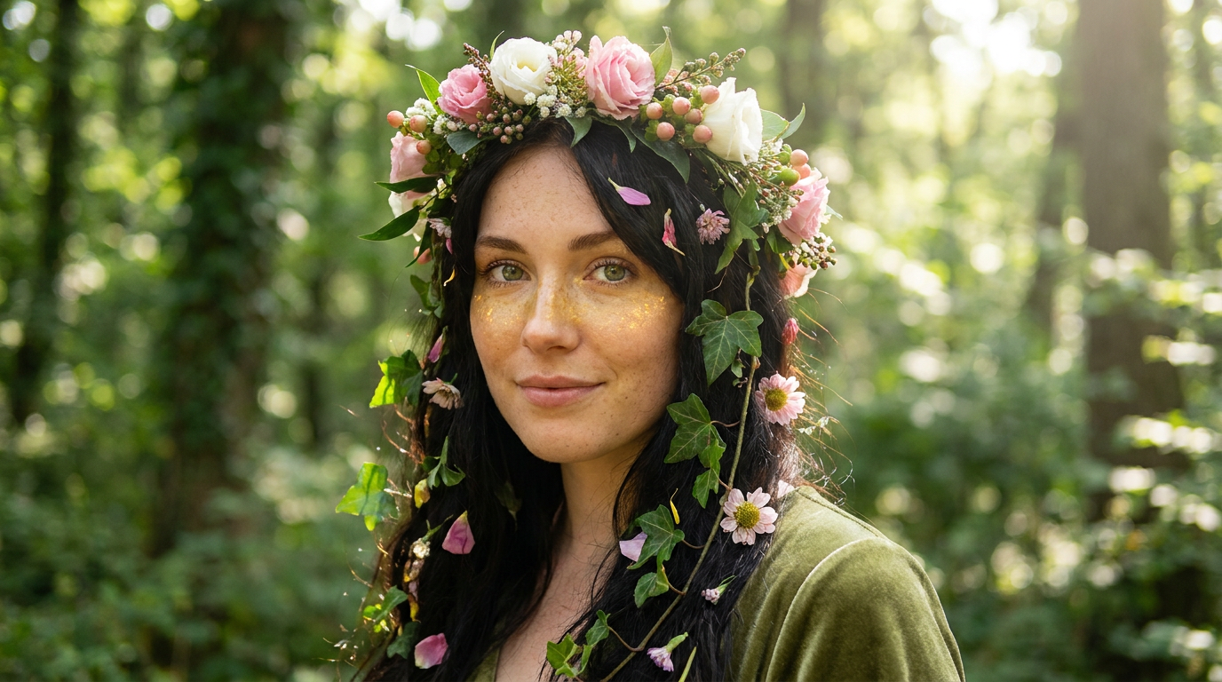 Nature goddess with a crown of blooming flowers and glowing freckles created with the AI goddess generator