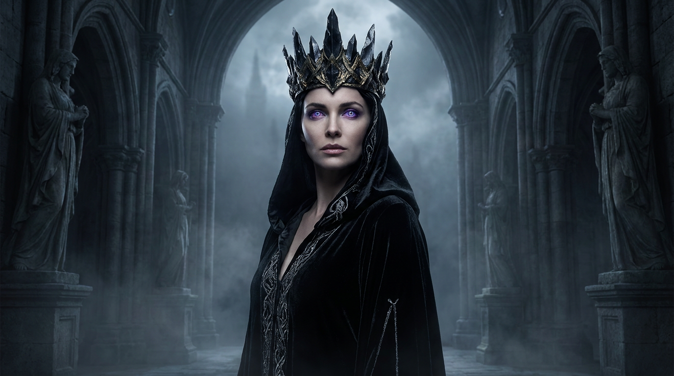 Dark goddess with an obsidian crown and glowing violet eyes made with the AI goddess generator